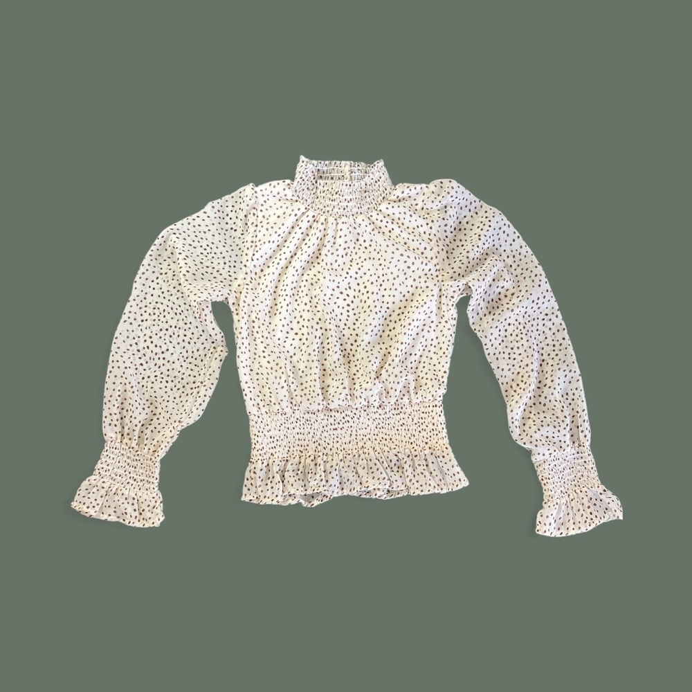 Japna Cream Polka Dot Ruffle Turtleneck Blouse: sz XS